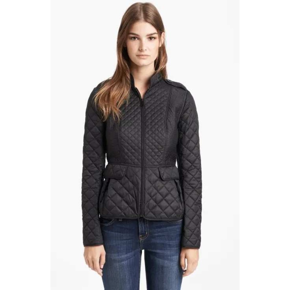 Burberry London Black Quilted Jacket Diamond Ribbed Zip Front Check Lining M